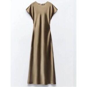Zara Brown Satin Maxi Dress Short Cap Sleeve Keyhole Back 8868/305/742 Woman's L